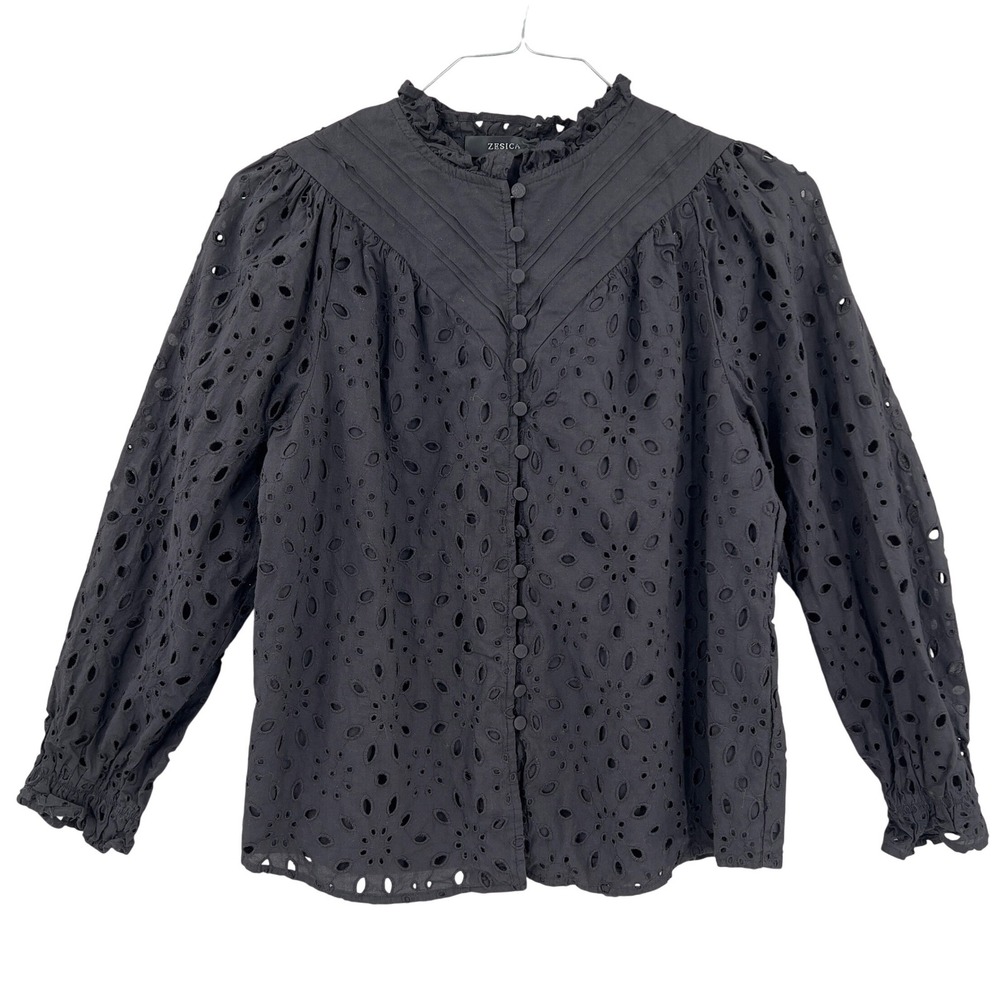 Zesica Womens Black Eyelet Button Front Ruffle Neck Balloon Sleeve Blouse Size L